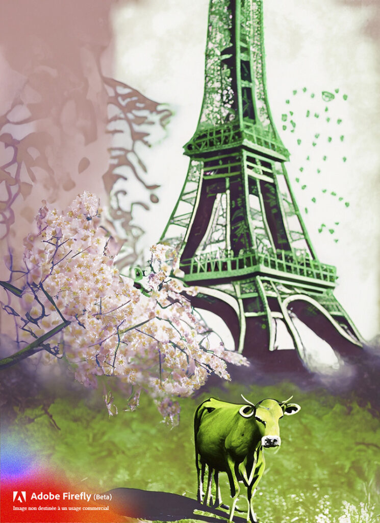 Une vache montbéliarde verte au premier étage de la Tour Eiffel avec des cerisiers en fleur en arrière plan…